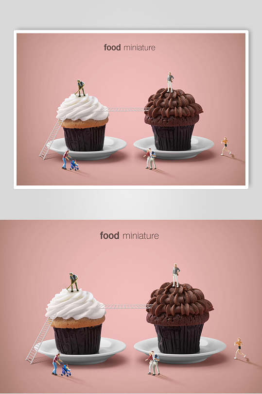 黑白色蛋糕粉色小人盘子食物创意海报