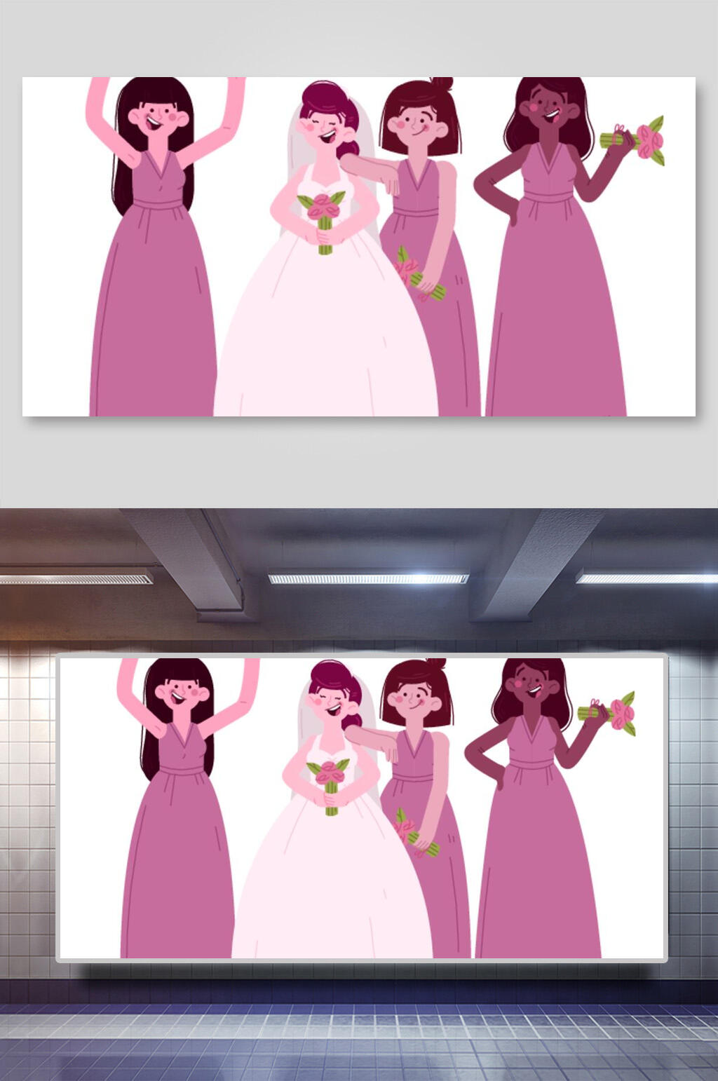 唯美大气时尚新娘伴娘婚礼矢量插画素材