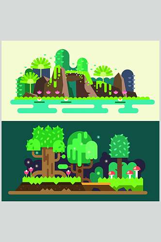 绿色森林卡通扁平化建筑素材