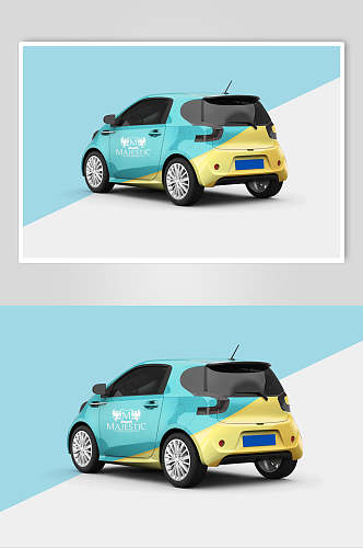 蓝黄创意大气汽车车身贴纸设计样机