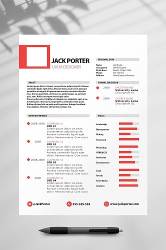 红色英文个人简历PSD模板