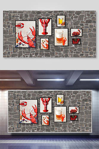 虾美食装饰背景墙展板