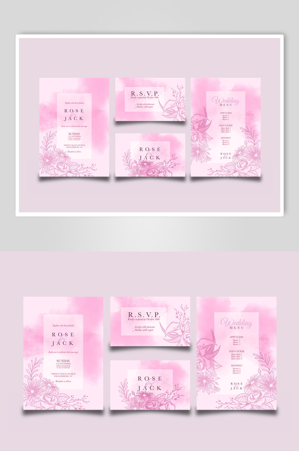 粉色渐变花卉婚礼邀请函矢量素材素材