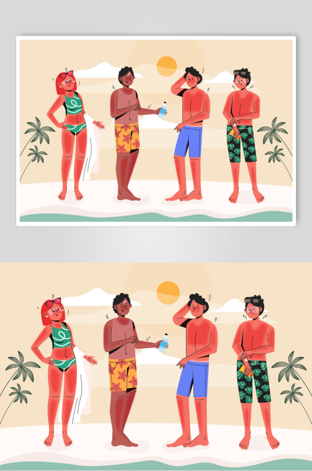太阳椰树夏季扁平化人物矢量素材素材