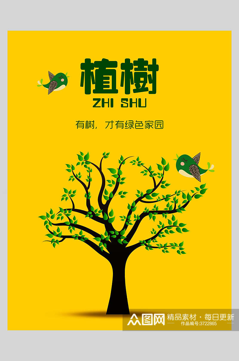 卡通黄色有树才有绿色家园绿色植树节海报素材