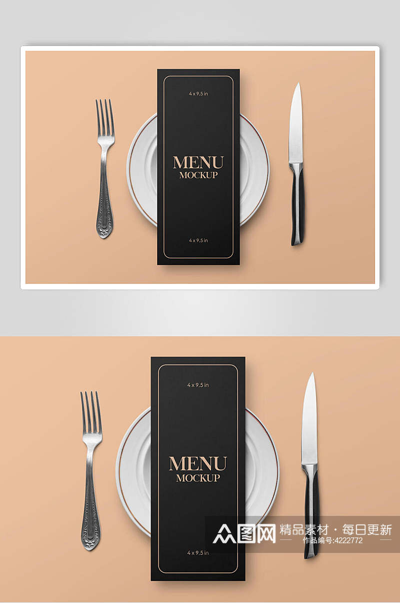 刀叉黑黄色餐饮提示牌卡片设计样机素材
