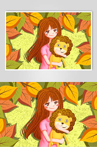 森林街头女孩与狮子嘻哈插画