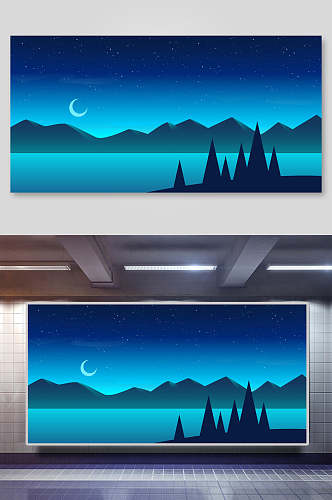 夜空月亮湖泊风景插画