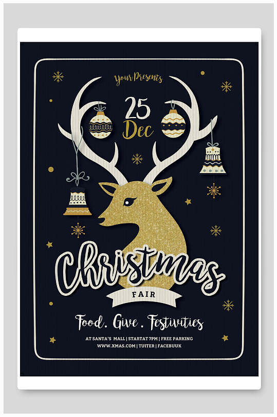 黑色金鹿英文圣诞节海报