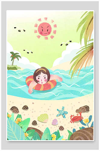 小女孩海边游泳立夏节气插画