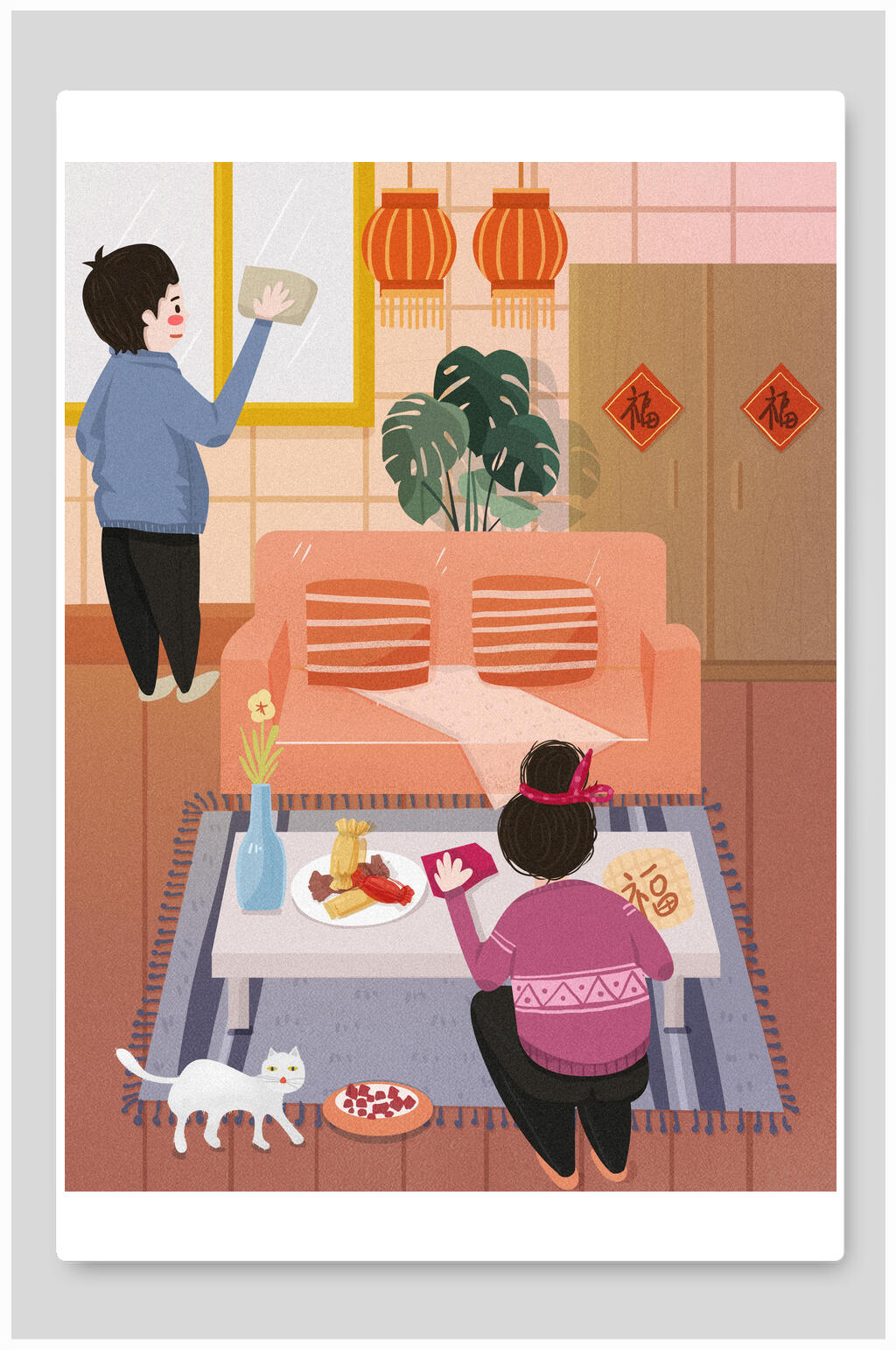 灯笼福字小猫过小年喜庆插画素材
