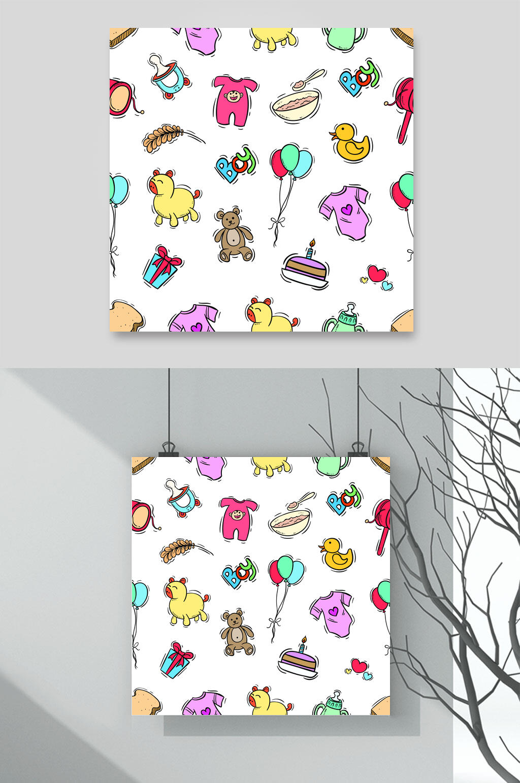 手绘卡通浅黄动物背景图案矢量素材素材