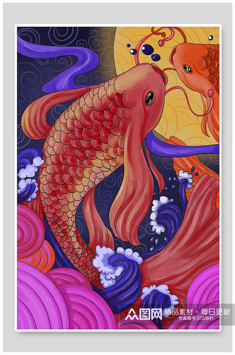 红色鲤鱼日本浮世绘插画素材