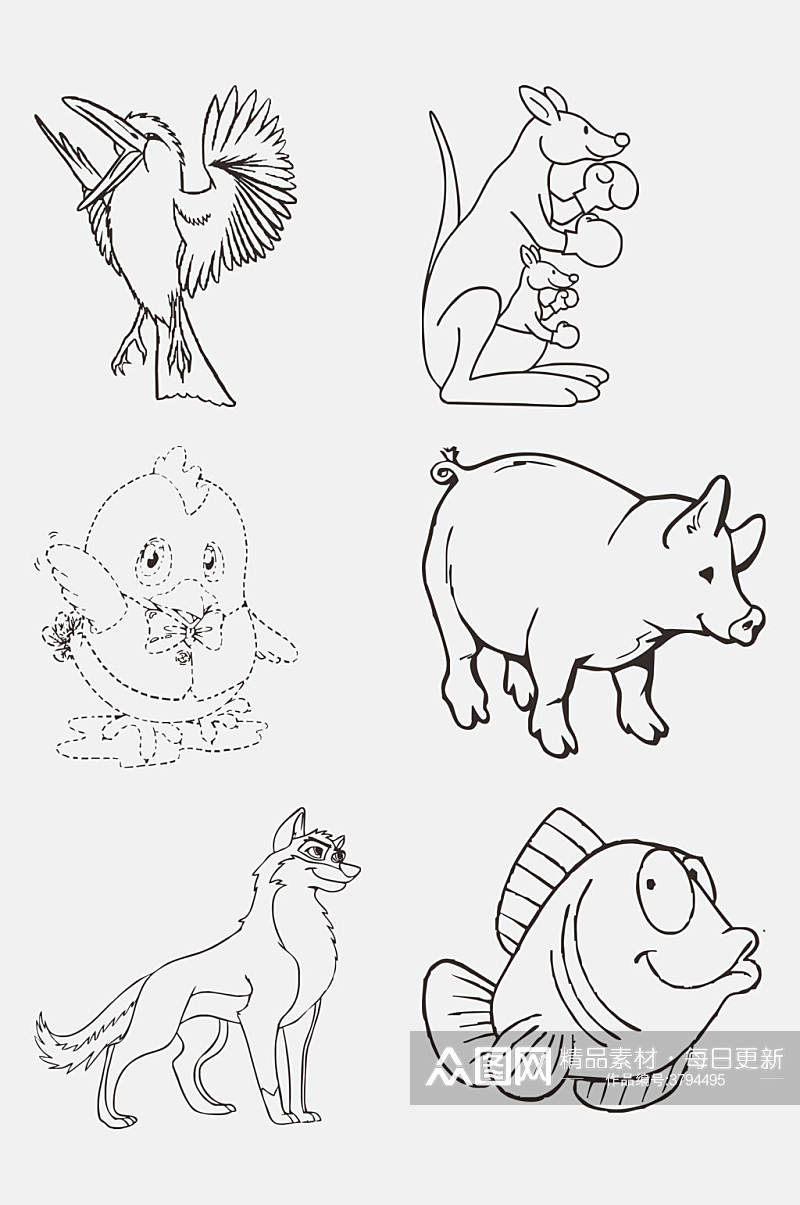 动物黑白线稿卡通绘画免抠设计素材素材