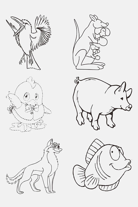 动物黑白线稿卡通绘画免抠设计素材