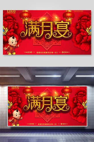 中国红喜庆满月宴满月宴展板
