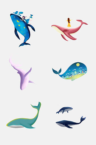 彩色时尚卡通可爱鲸鱼手绘免抠素材