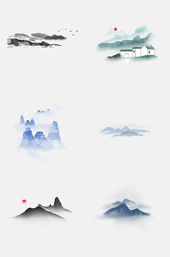 水彩中国风山水画免抠素材