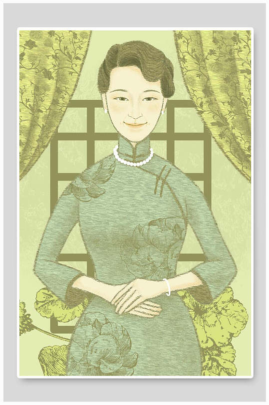 民国唯美女人穿旗袍插画