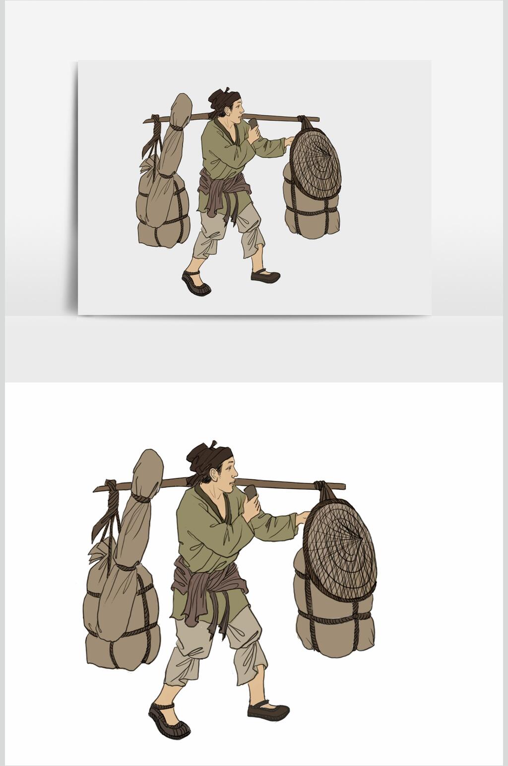 手绘卡通简约卡其棕色国风人物素材素材