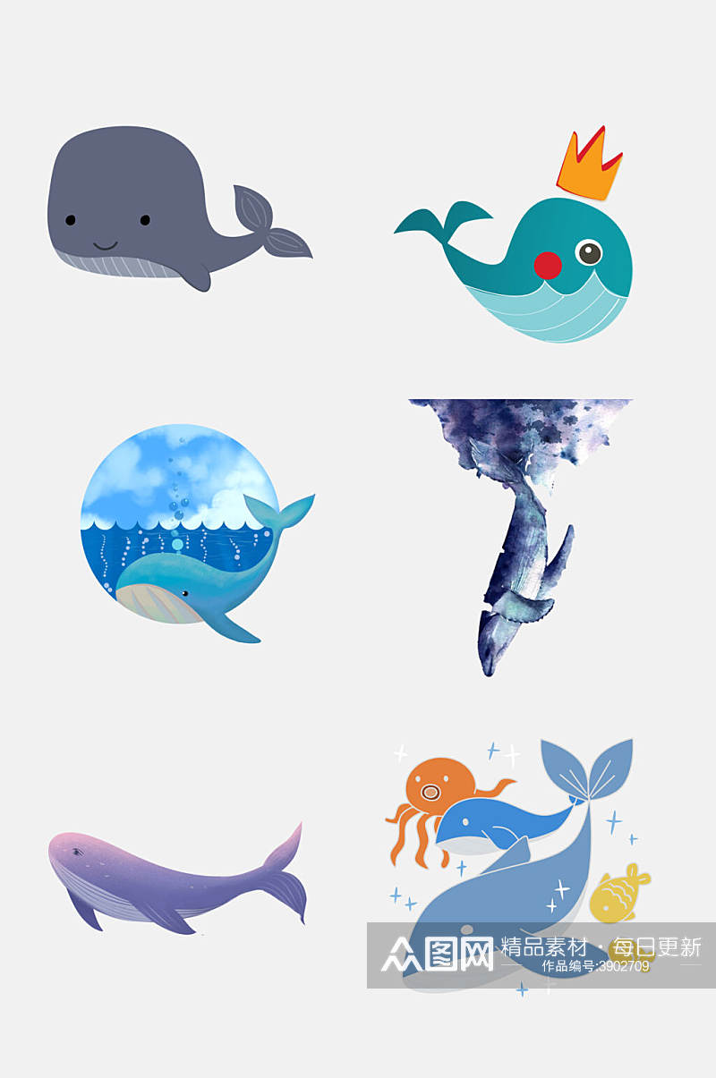 创意鱼卡通可爱鲸鱼手绘免抠素材素材