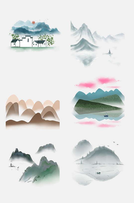 彩色唯美中国风山水画免抠素材
