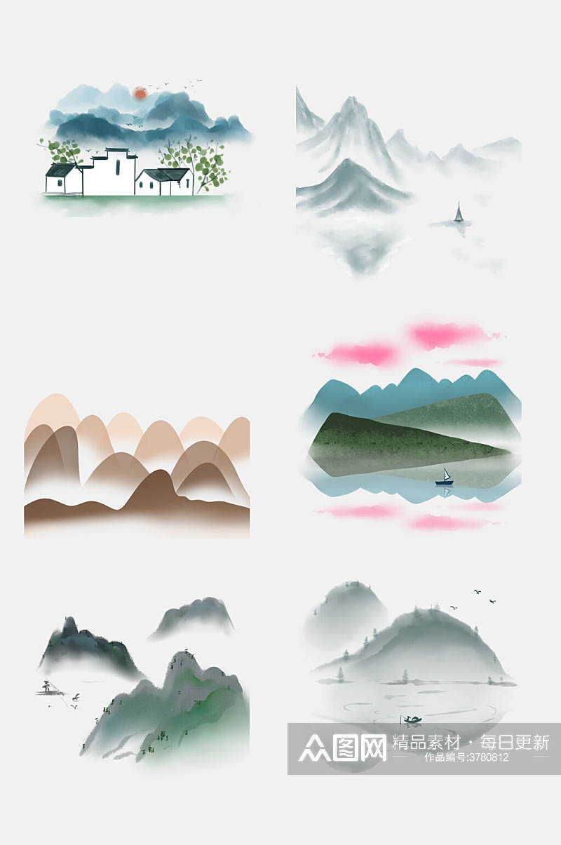 彩色唯美中国风山水画免抠素材素材