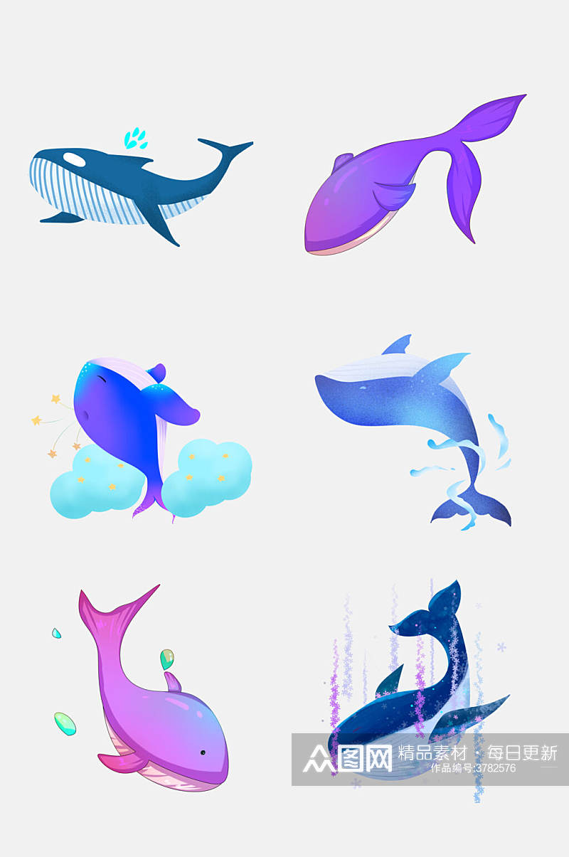 蓝紫色卡通可爱鲸鱼手绘免抠素材素材