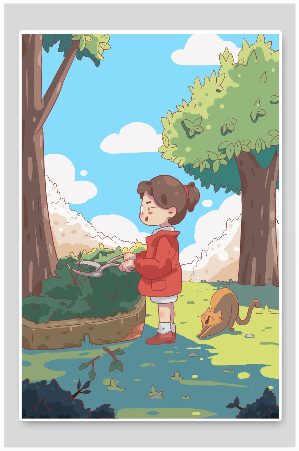 小女孩树枝小猫五一劳动节插画素材