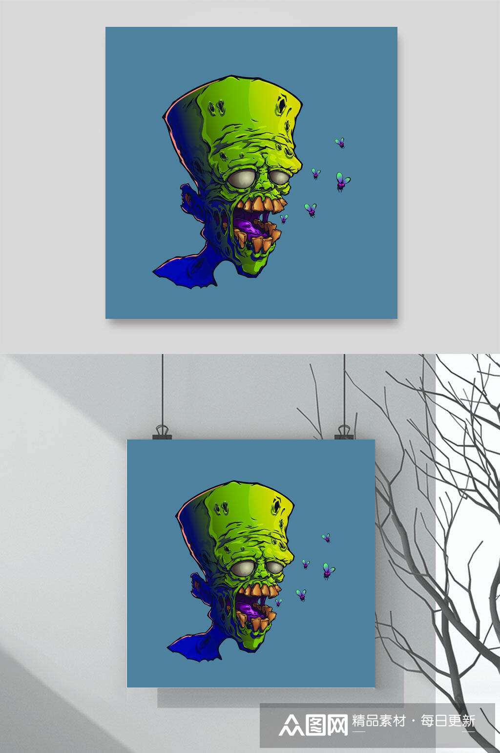 蓝色大头僵尸矢量素材素材