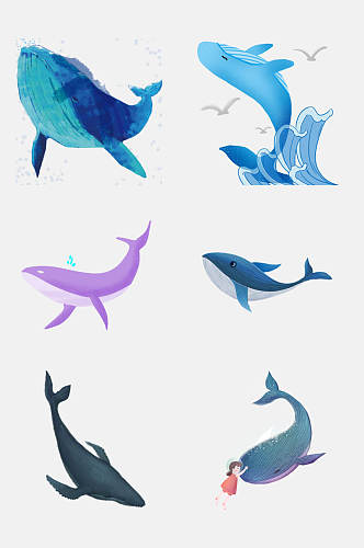 彩色卡通可爱鲸鱼手绘免抠素材