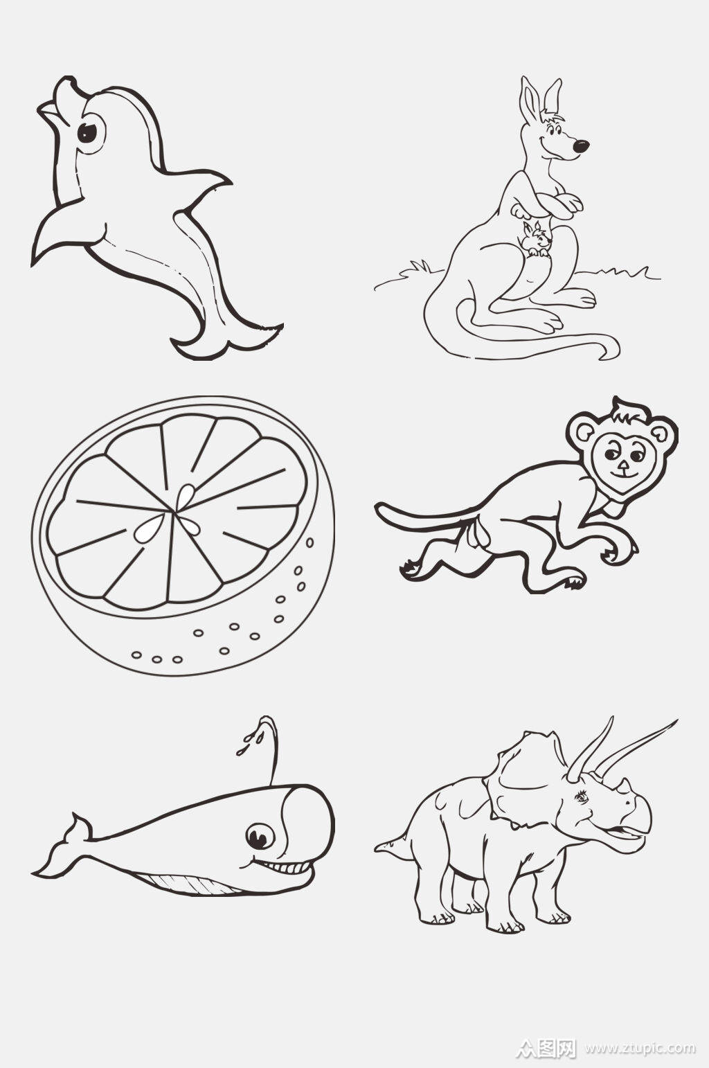 时尚动物黑白线稿卡通绘画免抠素材素材