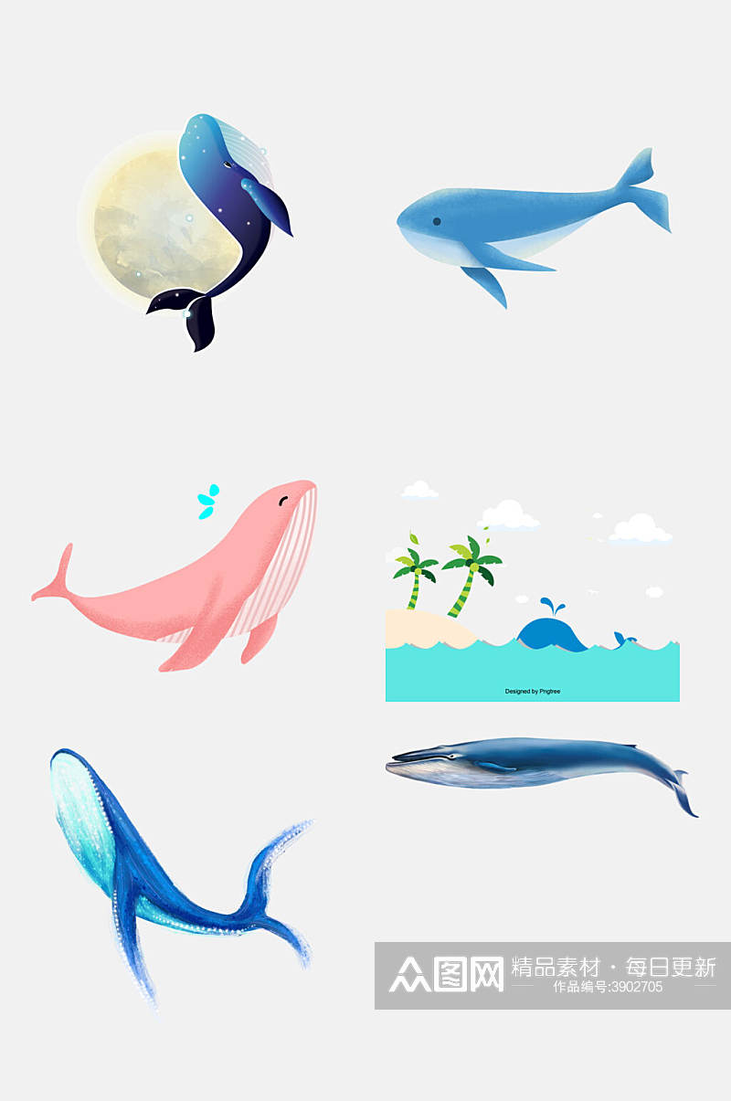创意椰子树卡通可爱鲸鱼手绘免抠素材素材
