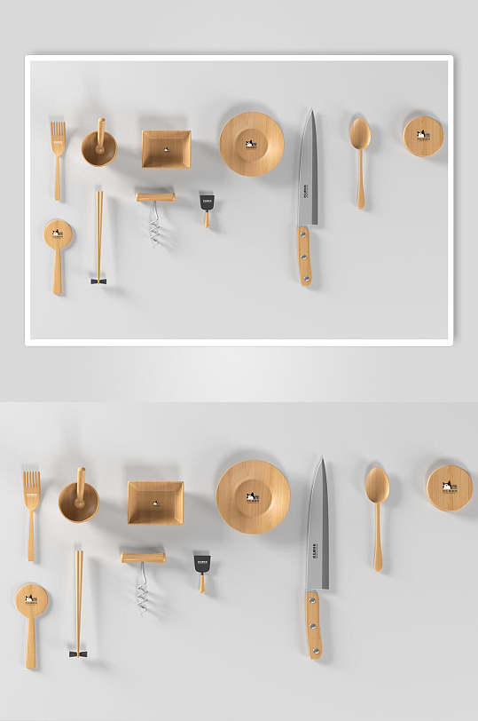 刀叉勺子木头质感棕色瓷具样机
