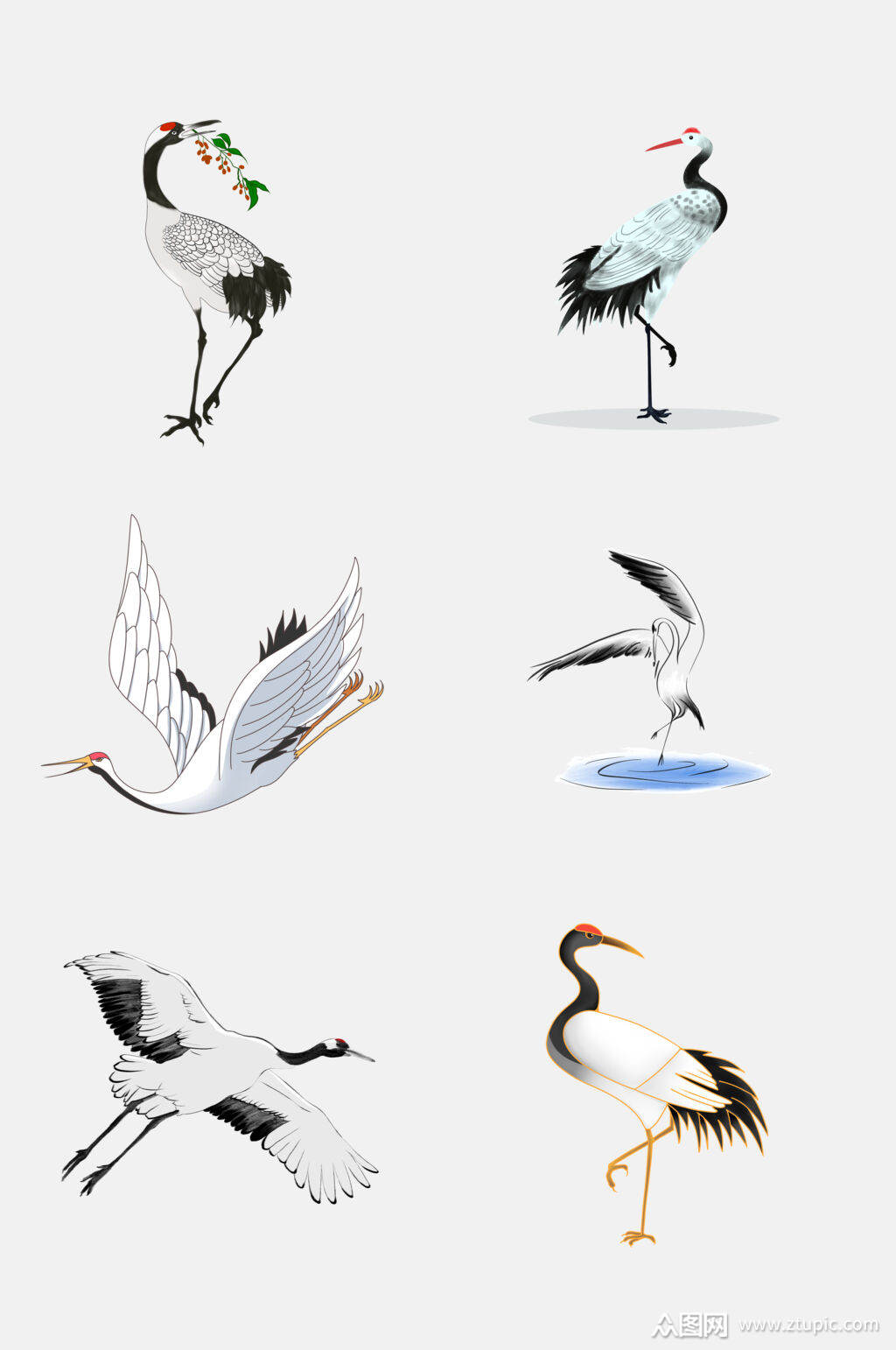 时尚仙鹤水彩画免抠设计素材素材