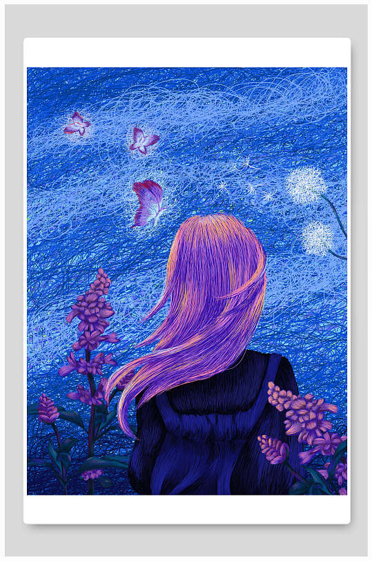 唯美紫发少女背影插画