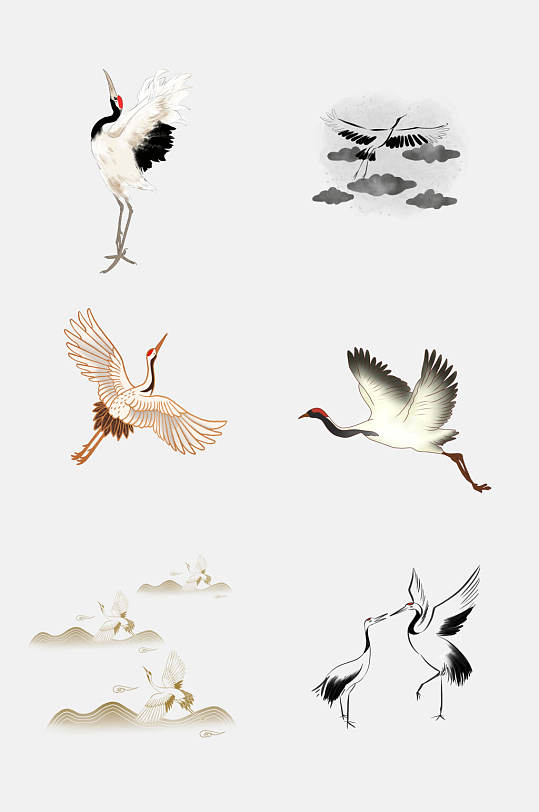 水墨中国风仙鹤水彩画免抠设计素材