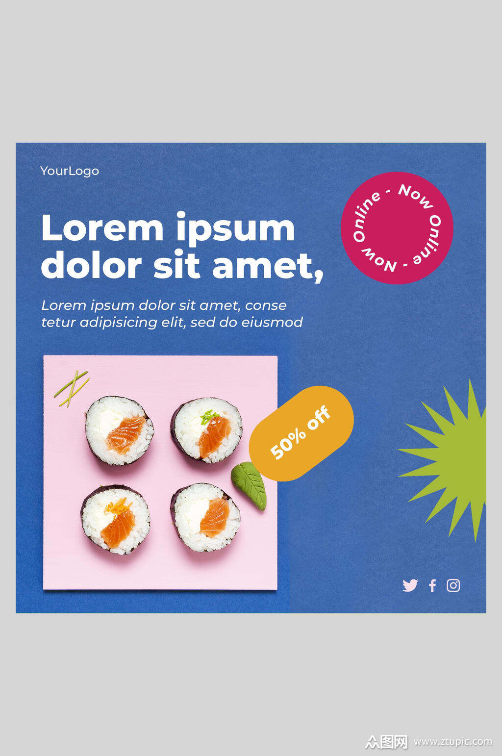 蓝色英文寿司日料海报素材