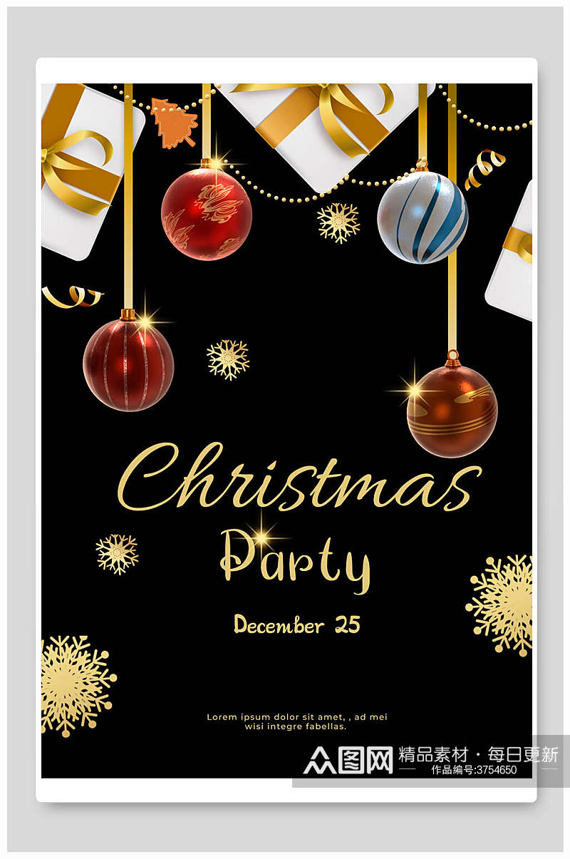 黑色背景礼物铃铛雪花圣诞节海报素材