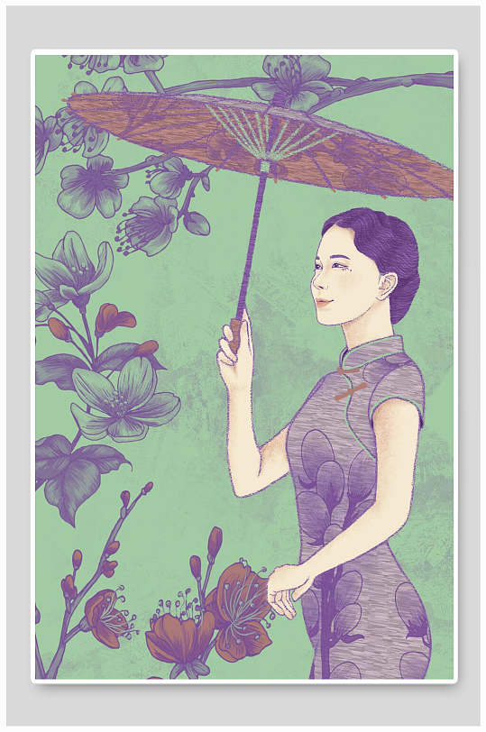 民国唯美女人穿旗袍撑伞插画