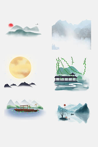 水彩中国风山水画免抠设计素材