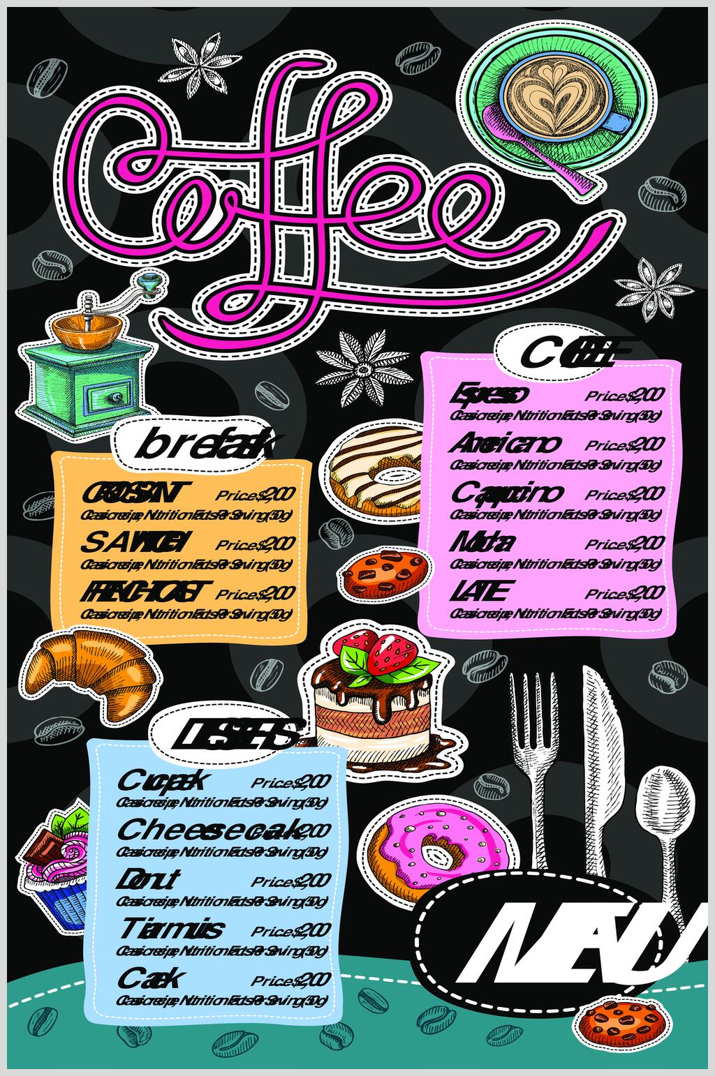 西餐咖啡甜品手绘菜单设计元素