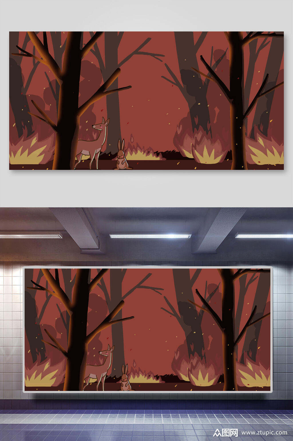 小鹿大火消防人物森林插画素材