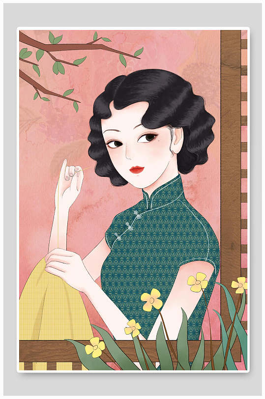 民国唯美女人穿旗袍插画