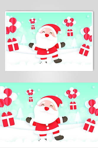 圣诞老爷爷绿色礼物热气球圣诞节插画