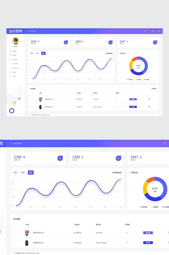 蓝色曲线数据可视化图表ui素材