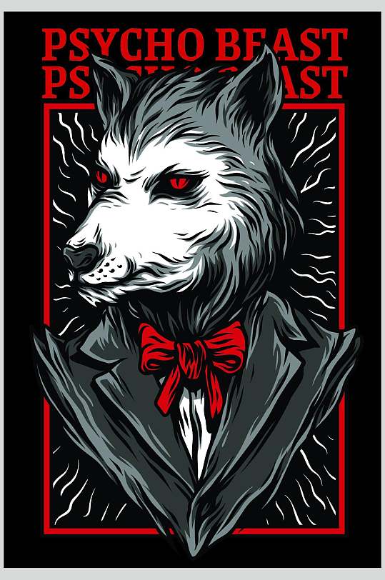 狼黑红色抽象动物印花图案矢量素材