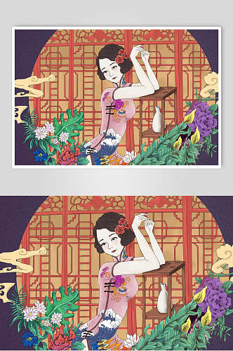 中国风舞女旗袍漫画风日本浮世绘插画