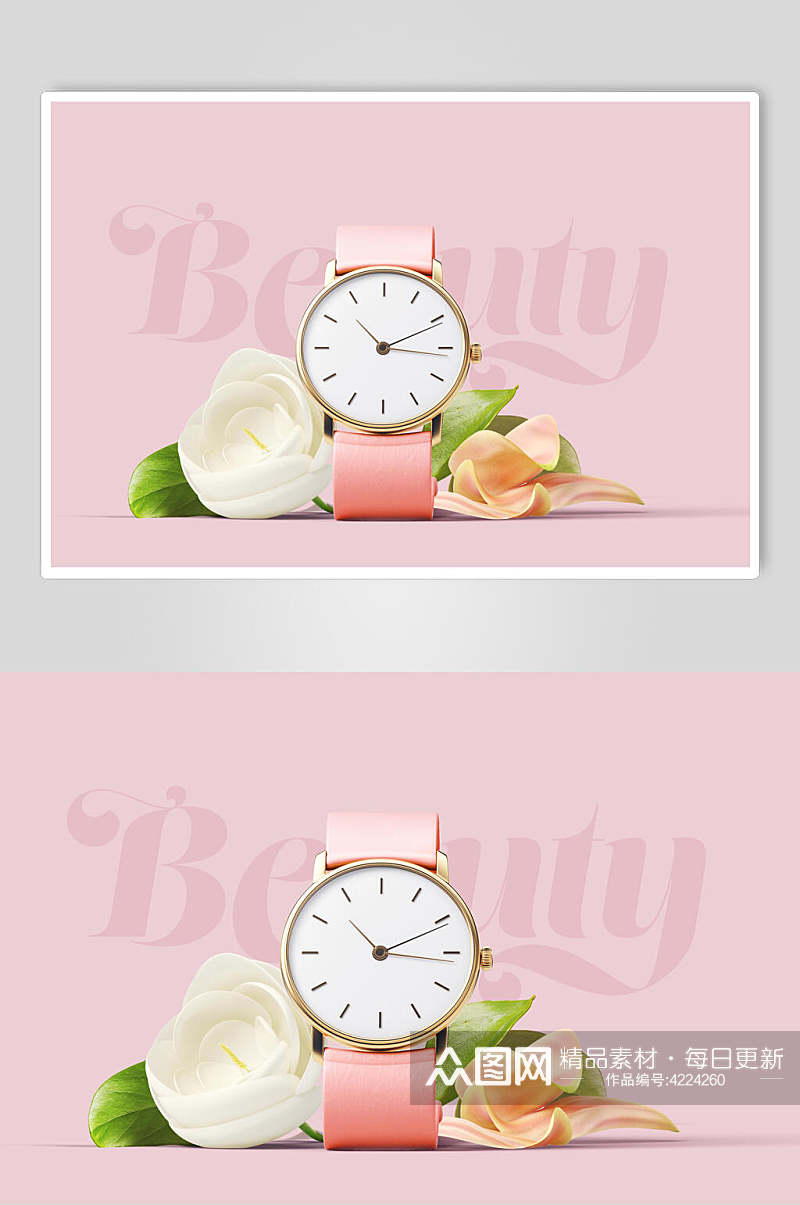 手表粉色花朵高端化妆品场景样机素材