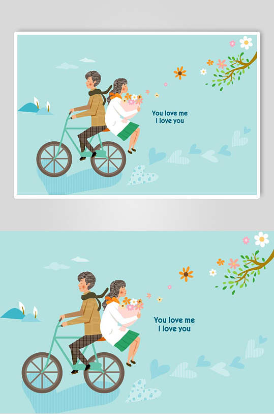 少年骑自行车带少女卡通手绘情人节插画